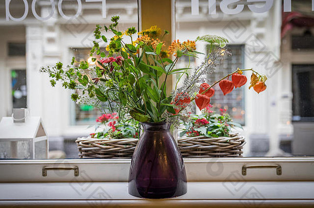 花瓶色彩鲜艳的花花束窗口视图街utrecht荷兰