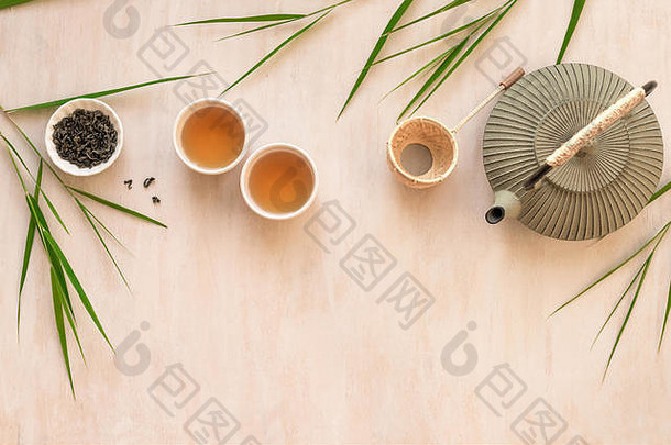 绿色茶作文竹子叶子中国人传统的茶集茶文化概念前视图复制空间