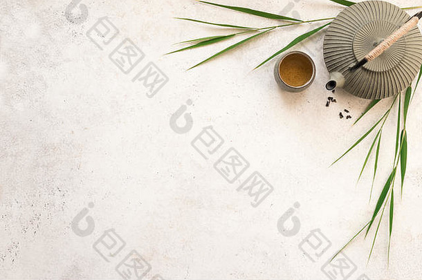 绿色茶作文竹子叶子中国人传统的茶集茶仪式概念前视图复制空间