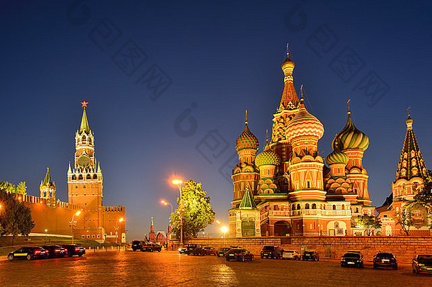 视图红色的广场克林姆林宫塔圣罗勒大教堂晚上莫斯科<strong>俄罗斯</strong>