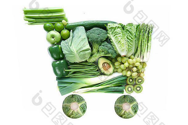 绿色水果蔬菜形状购物车象征
