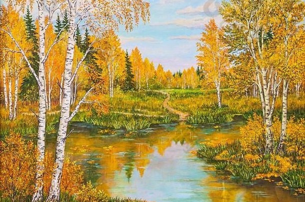 橙色森林湖阳光明媚的一天景观松桦木树绿色草海岸河俄罗斯原始石油绘画帆布