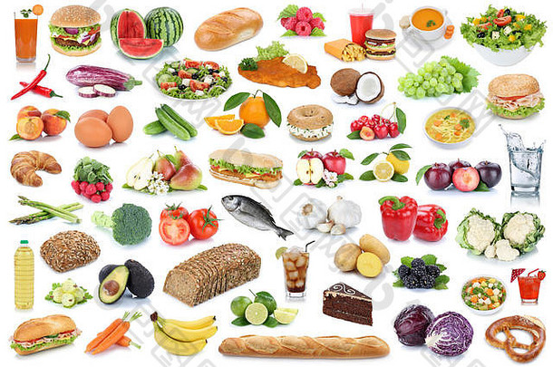 食物喝集合背景健康的吃水果蔬菜水果饮料孤立的白色背景