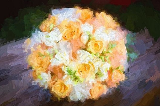 石油绘画新娘花束橙色白色花