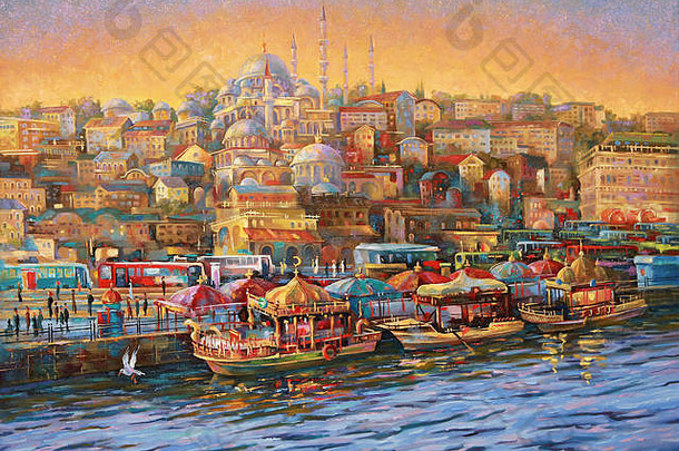 艺术作品晚上伊斯坦布尔金角湾作者尼科sivenkov伊斯坦布尔深刻的印象明亮的晚上花艺术工作