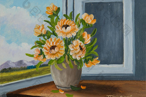 生活石油油漆橙色花窗口米色花瓶
