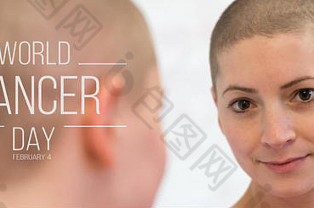 年轻的成人女癌症病人镜子微笑快乐短头发世界癌症一天横幅