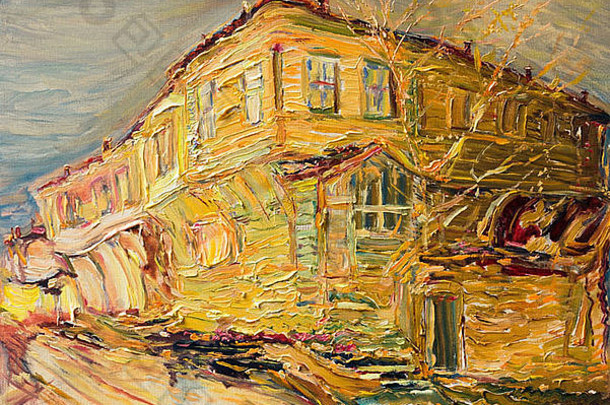 石油绘画帆布色彩斑斓的保加利亚房子画金颜色结束秋天