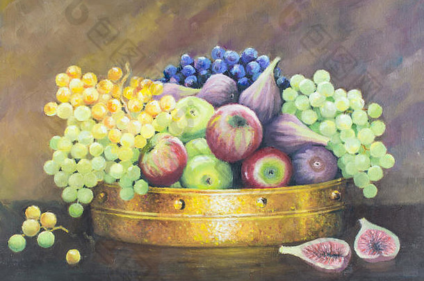 原始石油绘画帆布生活水果铜锅黑暗棕色（的）背景红色的苹果绿色蓝色的葡萄无花果