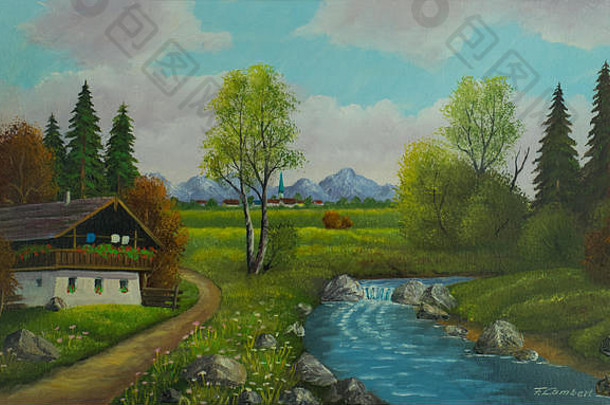 石油绘画景观房子河村