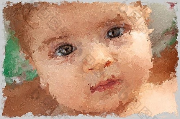 石油绘画可爱的可爱的高加索人婴儿脸大眼睛关闭插图