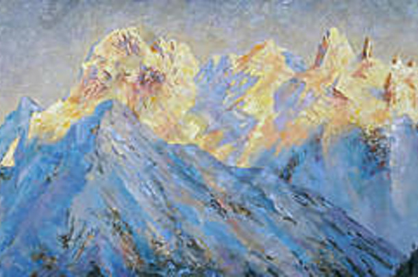 石油绘画帆布金山峰elbrus地区黎明山景观明亮的多汁的音调作者尼科sivenkov