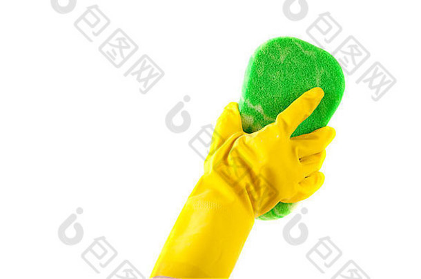 黄色的橡胶戴着手套手持有绿色海绵