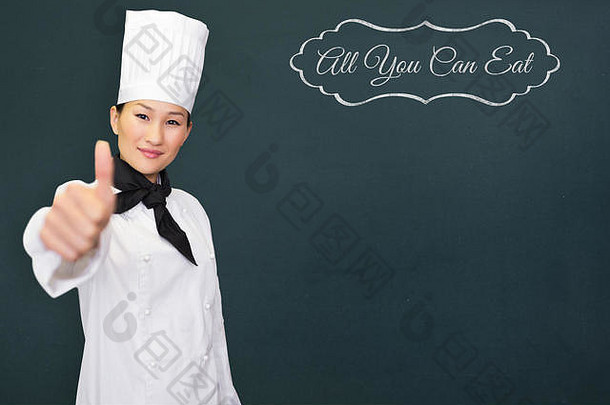 复合图像微笑女烹饪手势拇指厨房