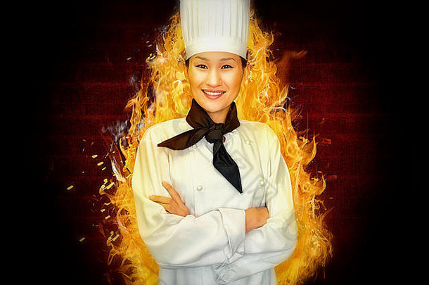 复合图像肖像微笑女烹饪厨房