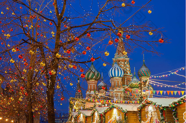 圣诞节装饰红色的广场罗勒大教堂背景莫斯科俄罗斯