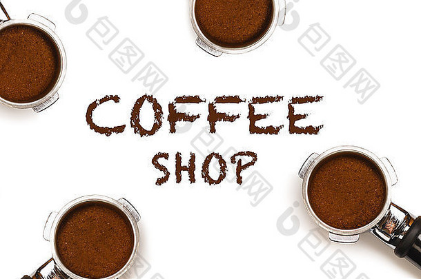 表示咖啡机活塞文本咖啡商店地面咖啡孤立的白色背景