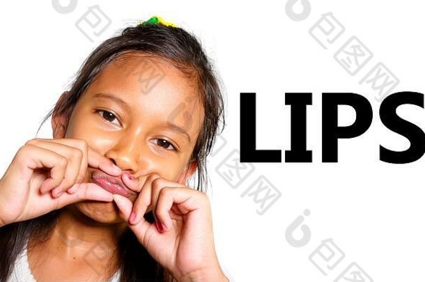 英语学习身体脸部分学校卡美丽的快乐亚洲孩子持有嘴唇好玩的使有趣的孤立的白色使用