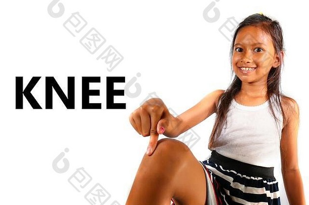 英语学习身体脸部分学校卡美丽的快乐亚洲孩子指出膝盖微笑快乐的使有趣的孤立的白色