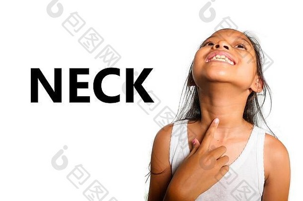 英语学习身体脸部分学校卡美丽的快乐亚洲孩子指出脖子好玩的有趣的孤立的白色背气