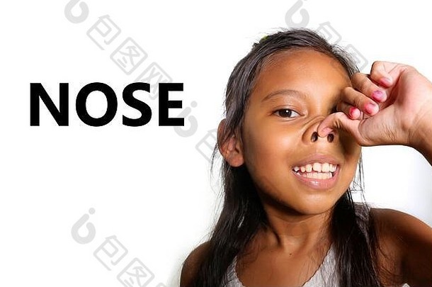 英语学习身体脸部分学校卡美丽的快乐亚洲孩子指出鼻子微笑快乐的使有趣的孤立的白色