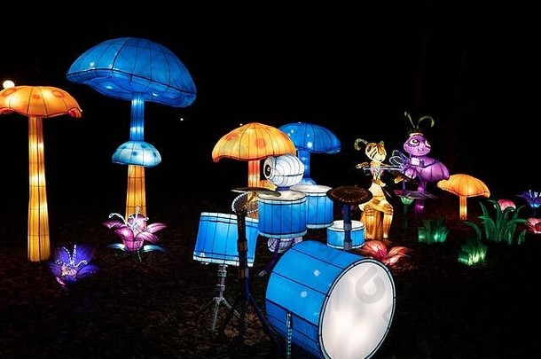 华沙波兰12月昆虫音乐的乐队蘑菇中国人光节日晚上照明展览堡讲坛