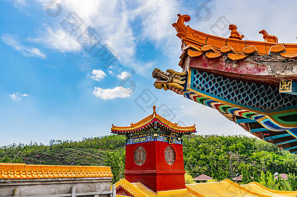 乌鲁木齐shuimogou风景优美的区域公园qingquan<strong>佛教</strong>寺庙屋顶龙雕塑阳光明媚的蓝色的天空一天