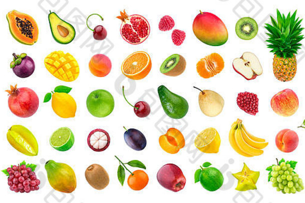 热带水果集合异国情调的水果浆果孤立的白色背景菠萝橙色苹果葡萄鳄梨芒果梨