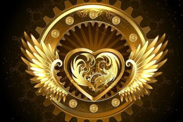 机械心齿轮黄金黄铜装饰金属翅膀黑色的背景