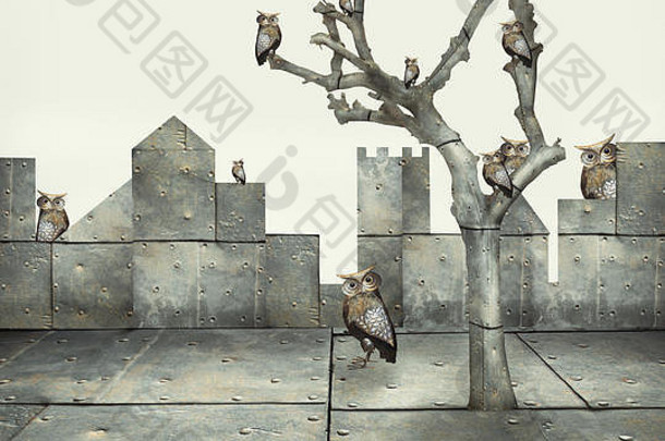 超现实主义的插图小机械猫头鹰树分散机械师景观