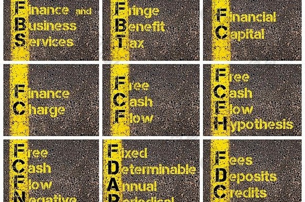 照片拼贴画业务首字母缩略词写路标记黄色的油漆行的边后卫FBT自由现金流量FCPHFCFNfdapfdc