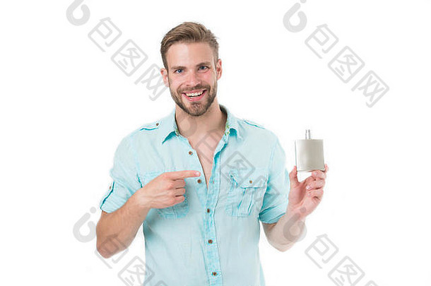 快乐男人。点手指香水瓶有胡子的男人。微笑除臭孤立的白色背景展示产品概念卫生健康新鲜的