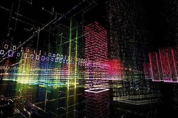 呈现摘要虚拟城市内部电脑系统全息图大数据数字城市数字建筑二进制代码粒子netw