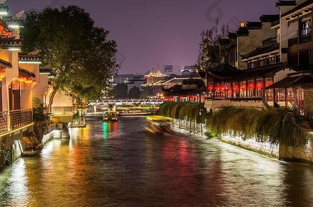晚上视图老家河历史建筑河岸fuzimiao孔子寺庙南京中国