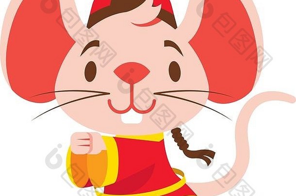 可爱的小指鼠标大耳朵穿传统的中国人唐庄服装问候龚蔡中国人一年一年老鼠老鼠