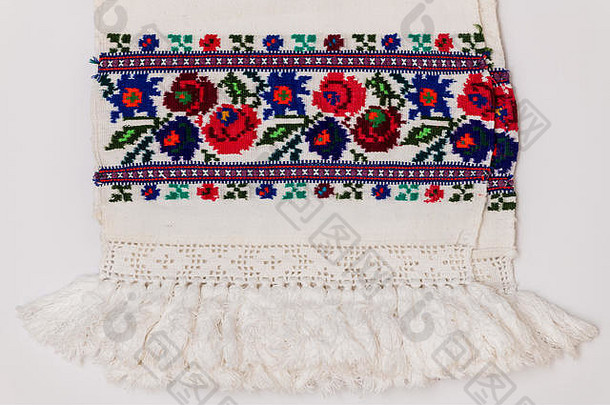 特写镜头东部欧洲刺绣设计花图案发现毛巾服装