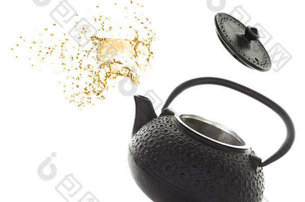 黑色的茶壶茶飞溅孤立的白色背景