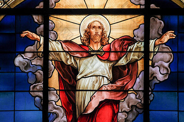 染色玻璃窗口德国教堂斯德哥尔摩瑞典描绘提升基督