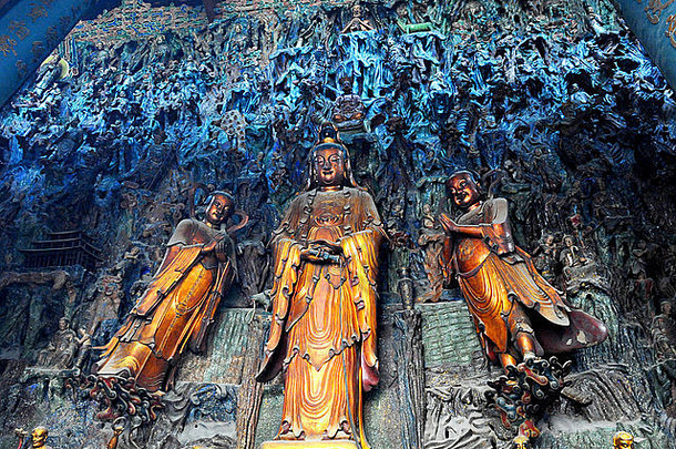 墙完整的中国人佛石头雕像包括金佛雕像杭州中国