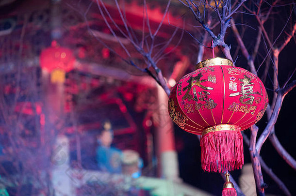 成都四川省中国11月红色的中国人灯笼晚上合江展馆照亮背景
