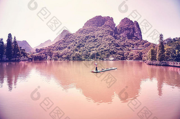 古董程式化的图片竹子筏湖桂林日落中国