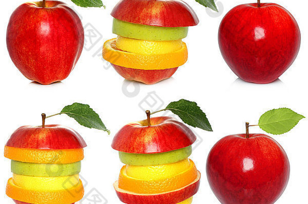 苹果混合水果集白色背景