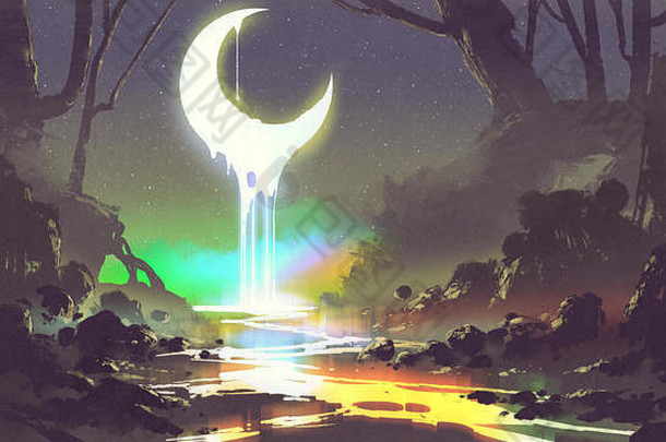 晚上风景显示融化月亮创建发光的河数字艺术风格插图绘画