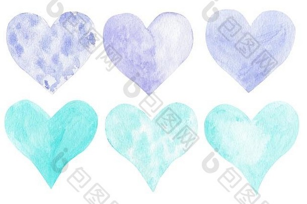 手画水彩蓝色的紫罗兰色的心集可爱的心集合孤立的白色背景浪漫的设计元素婚礼邀请