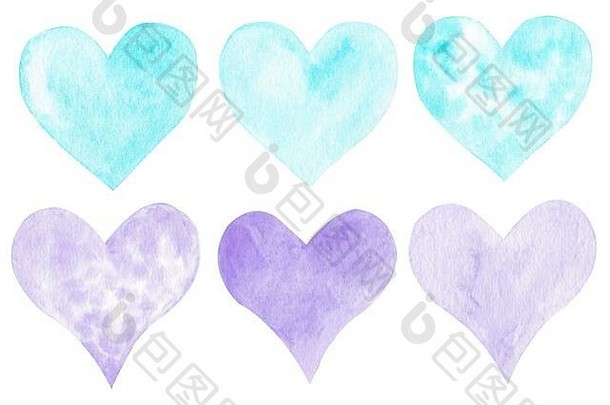 手画水彩蓝色的紫罗兰色的心集可爱的心集合孤立的白色背景浪漫的设计元素婚礼邀请