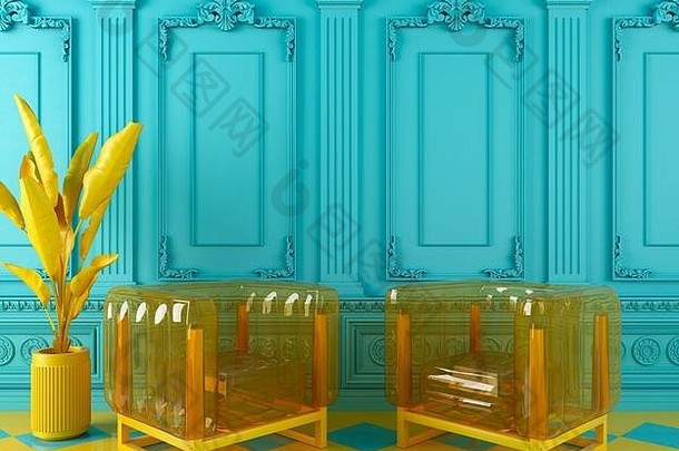 充满活力的绿松石蓝色的室内设计背景黄色的现代透明的扶手椅植物成型经典墙渲染