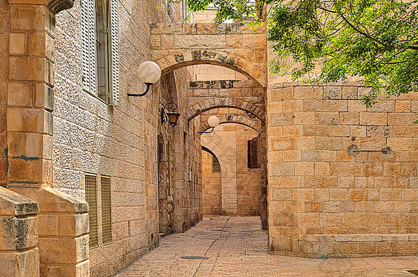narrown鹅卵石街传统的用<strong>石头</strong>砸房子犹太人季度历史部分耶路撒冷以色列