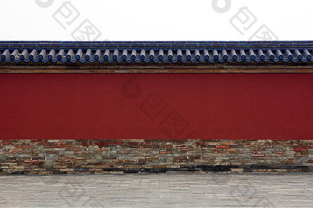 红色的墙蓝色的屋顶瓷砖复杂的中国