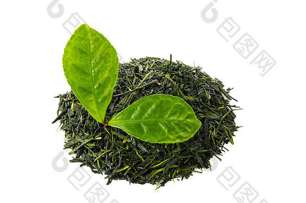 堆绿色煎茶茶茶叶子孤立的白色背景