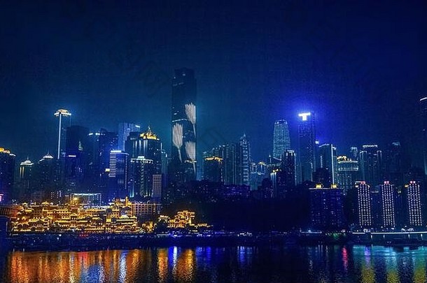 城市晚上视图重庆<strong>中国风</strong>景河融合现代体系结构人体系结构城市视图水